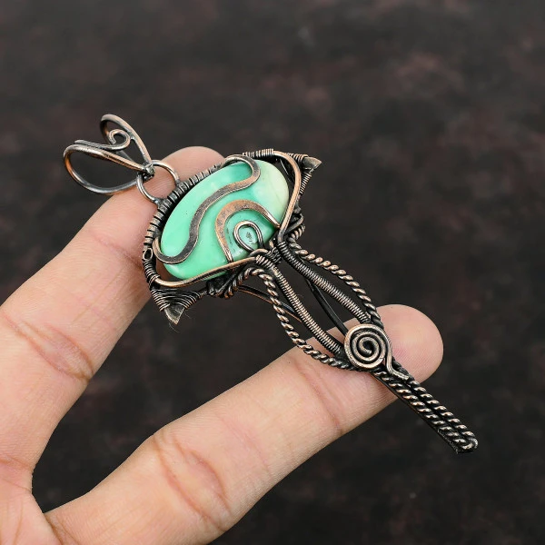 Variscite Oval Green Handmade Copper Wire Wrapped Pendant