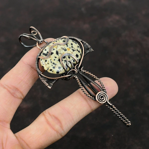 Dalmatian Jasper Oval Black Handmade Copper Wire Wrapped Pendant