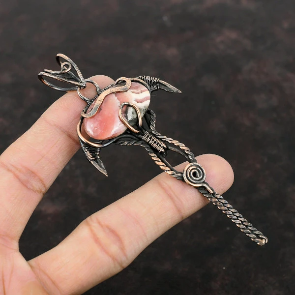 Rhodochrosite Oval Pink Handmade Copper Wire Wrapped Pendant