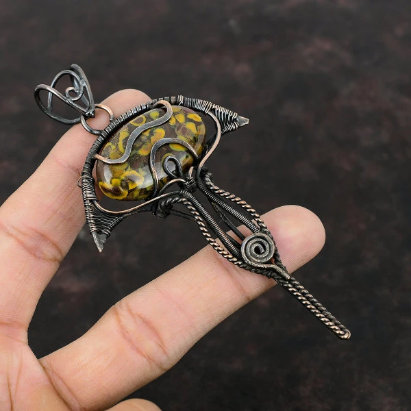 Fruit Jasper Oval Yellow Handmade Copper Wire Wrapped Pendant