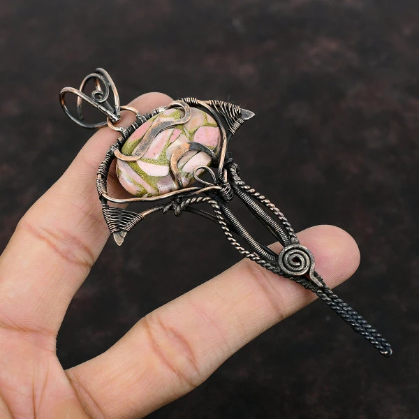 Copper Pink Opal Oval Pink Handmade Copper Wire Wrapped Pendant