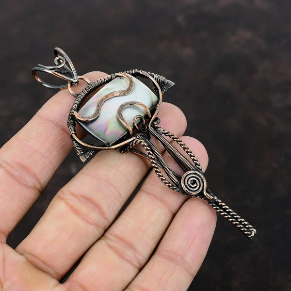 Mother Of Pearl Radiant Black Handmade Copper Wire Wrapped Pendant