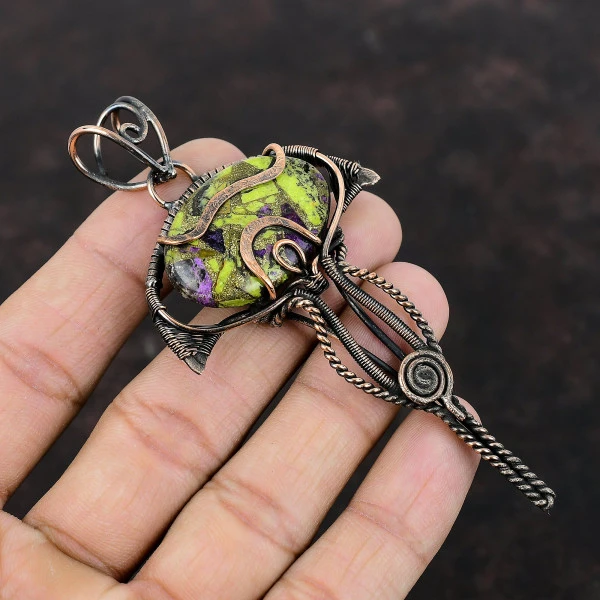 Copper Stichtite Oval Green Handmade Copper Wire Wrapped Pendant