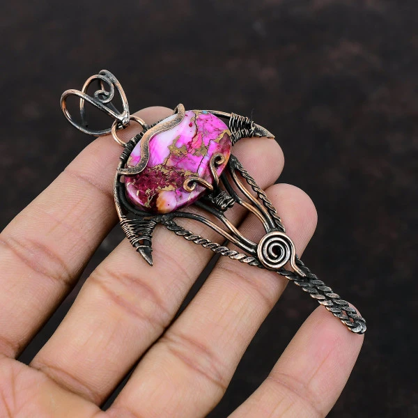 Natural Kingman Pink Dahlia Turquoise Oval Pink Handmade Copper Wire Wrapped Pendant