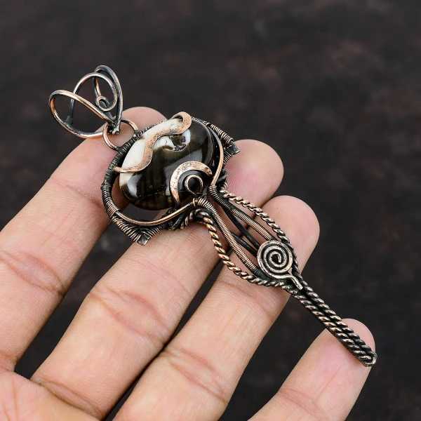 Peanut Wood Jasper Oval Brown Handmade Copper Wire Wrapped Pendant