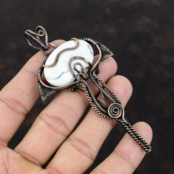 Howlite Oval White Handmade Copper Wire Wrapped Pendant