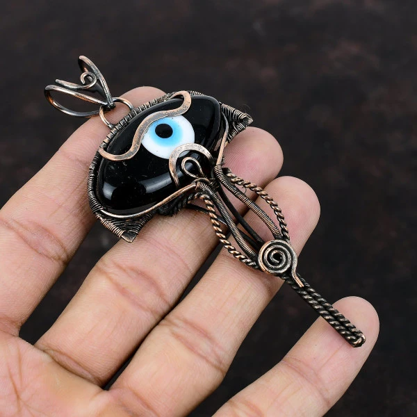 Black Color Evil Eye Marquise Black Handmade Copper Wire Wrapped Pendant
