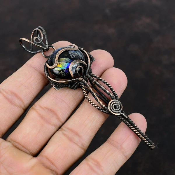 American Dichroic Glass Round Black Handmade Copper Wire Wrapped Pendant