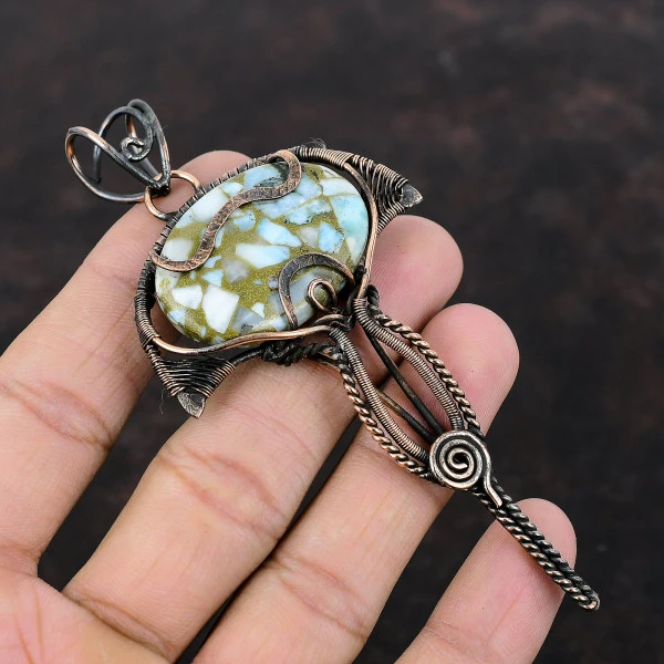 Copper Larimar Oval Blue Handmade Copper Wire Wrapped Pendant