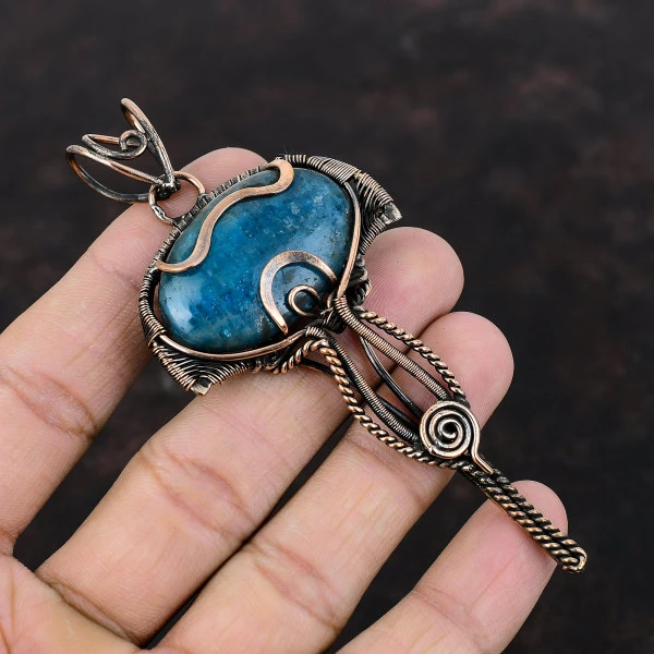 Neon Apatite Oval Blue Handmade Copper Wire Wrapped Pendant