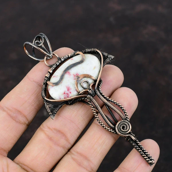Cinnabar Oval White Handmade Copper Wire Wrapped Pendant