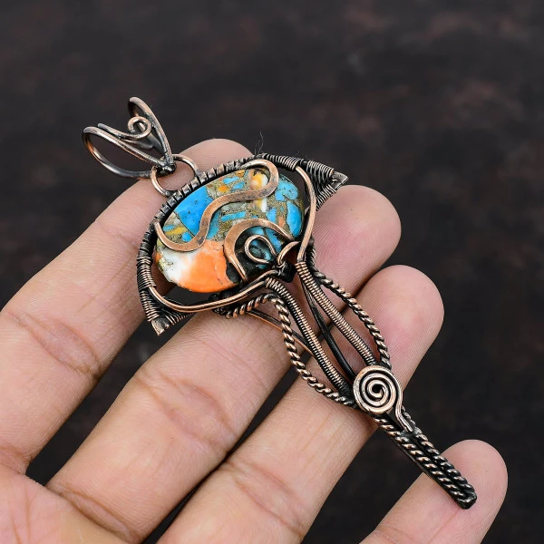 Spiny Oyster Copper Turquoise Oval Orange Handmade Copper Wire Wrapped Pendant