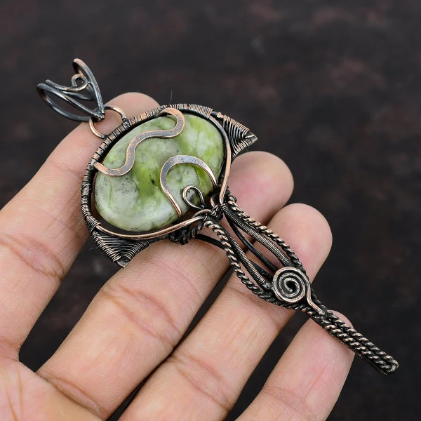 Green Aragonite Oval Green Handmade Copper Wire Wrapped Pendant