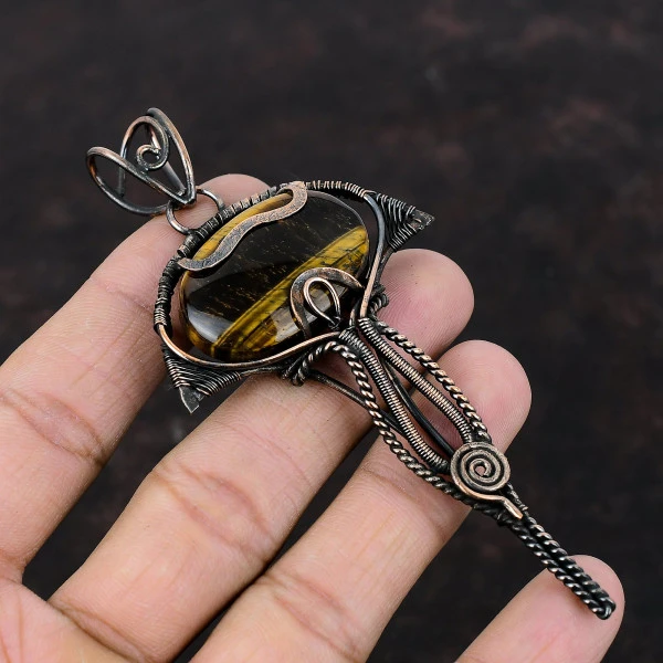 Tiger's Eye Oval Brown Handmade Copper Wire Wrapped Pendant