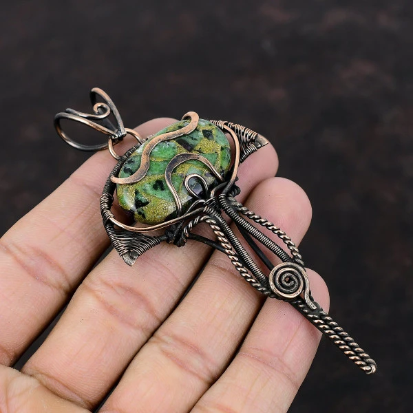 Copper Ruby Zoisite Oval Green Handmade Copper Wire Wrapped Pendant