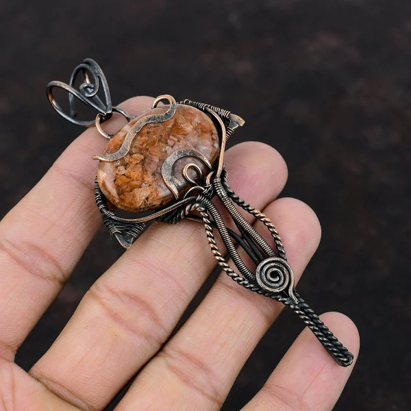 Sunstone Oval Orange Handmade Copper Wire Wrapped Pendant