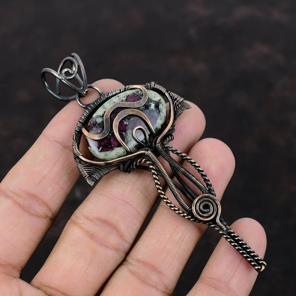 Eudialyte Oval Pink Handmade Copper Wire Wrapped Pendant