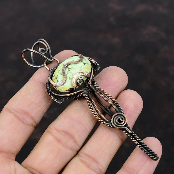 Lemon Chrysoprase Oval Green Handmade Copper Wire Wrapped Pendant