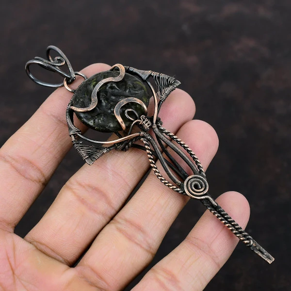 Moldavite Round Green Handmade Copper Wire Wrapped Pendant