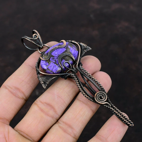 Copper Charoite Oval Purple Handmade Copper Wire Wrapped Pendant