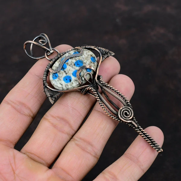 K2 Jasper Oval White Handmade Copper Wire Wrapped Pendant