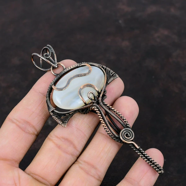 Botswana Agate Oval White Handmade Copper Wire Wrapped Pendant