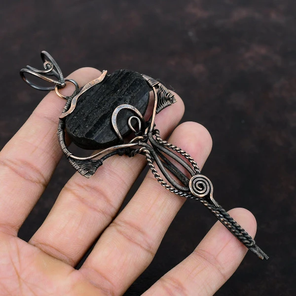 Black Tourmaline Rough Oval Black Handmade Copper Wire Wrapped Pendant
