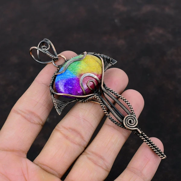 Rainbow Solar Quartz Druzy Oval Yellow Handmade Copper Wire Wrapped Pendant