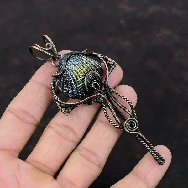 Titanium Coated Shell Pear Green Handmade Copper Wire Wrapped Pendant