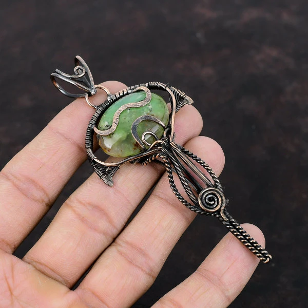 Boulder Chrysoprase Oval Green Handmade Copper Wire Wrapped Pendant