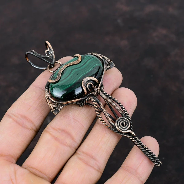 Malachite Oval Green Handmade Copper Wire Wrapped Pendant