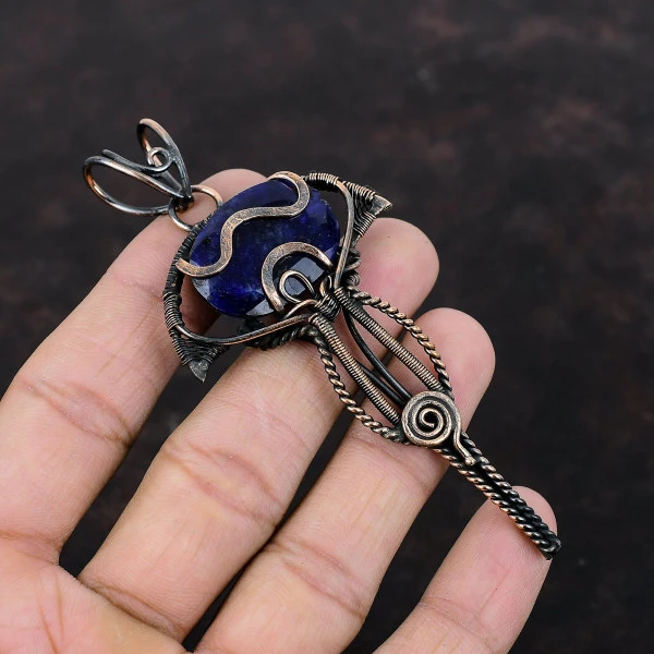 Blue Sapphire Oval Blue Handmade Copper Wire Wrapped Pendant