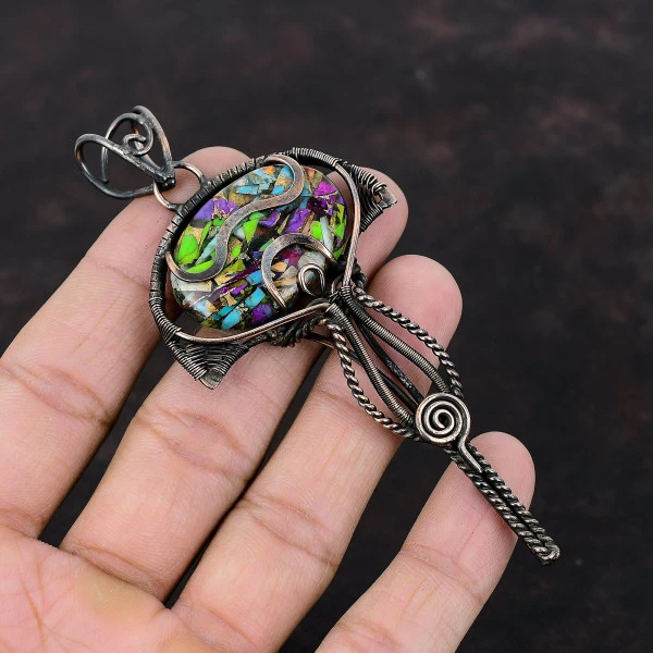 Fiesta Kingman Turquoise Oval Green Handmade Copper Wire Wrapped Pendant