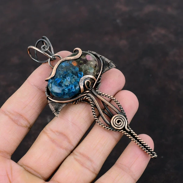 Watermelon Tourmaline Oval Blue Handmade Copper Wire Wrapped Pendant