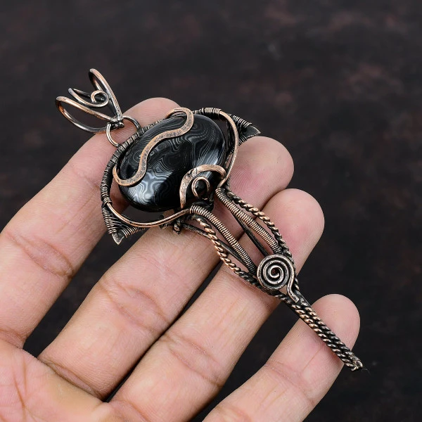 Psilomelane Oval Black Handmade Copper Wire Wrapped Pendant