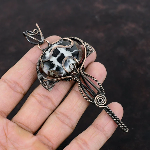Moroccan Mud Crack Fossil Oval Black Handmade Copper Wire Wrapped Pendant