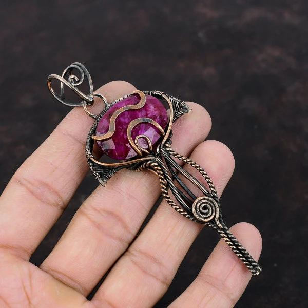 Kashmir Ruby Oval Red Handmade Copper Wire Wrapped Pendant