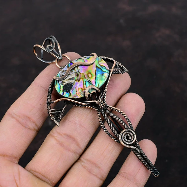 Abalone Shell Oval Green Handmade Copper Wire Wrapped Pendant
