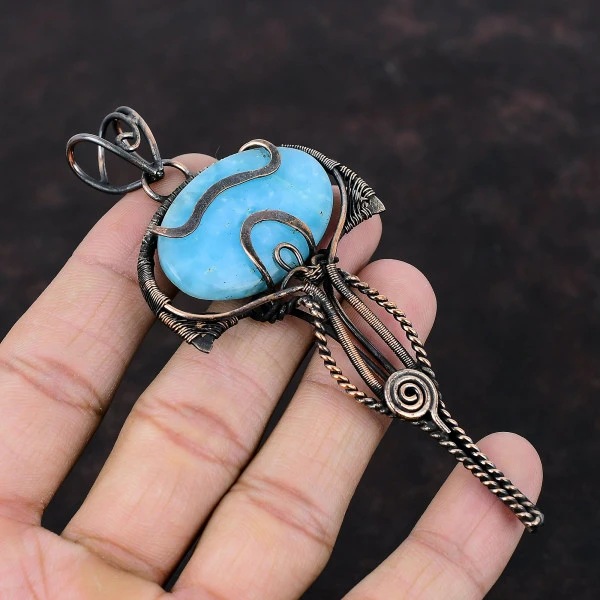Hemimorphite Oval Blue Handmade Copper Wire Wrapped Pendant