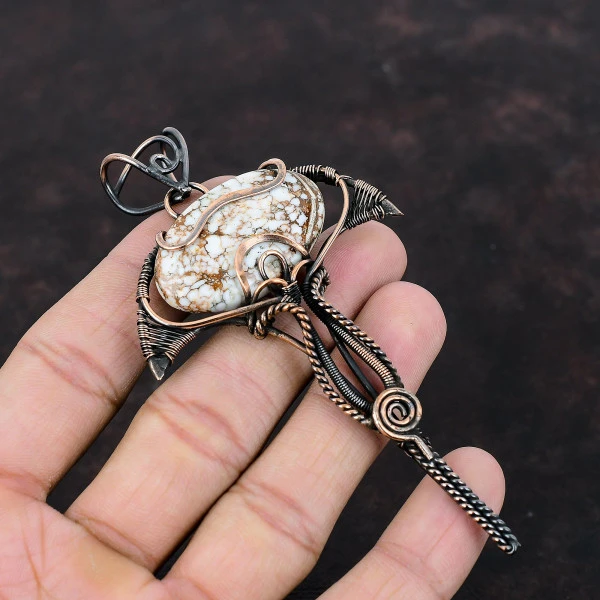 Wild Horse Magnesite Oval Brown Handmade Copper Wire Wrapped Pendant