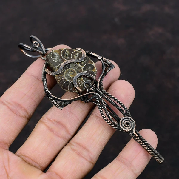 Ammonite Fossil Pear Brown Handmade Copper Wire Wrapped Pendant
