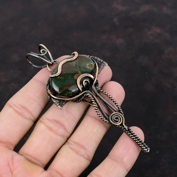 Bloodstone Oval Green Handmade Copper Wire Wrapped Pendant