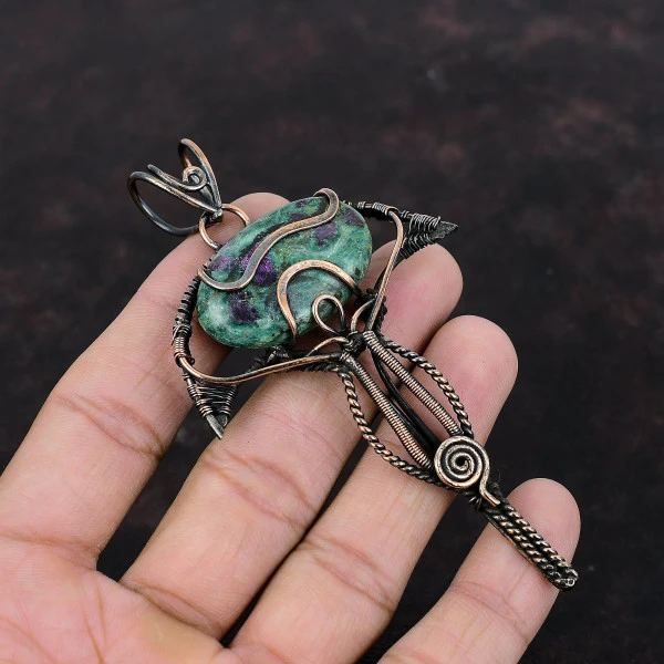 Ruby Fuchsite Oval Green Handmade Copper Wire Wrapped Pendant