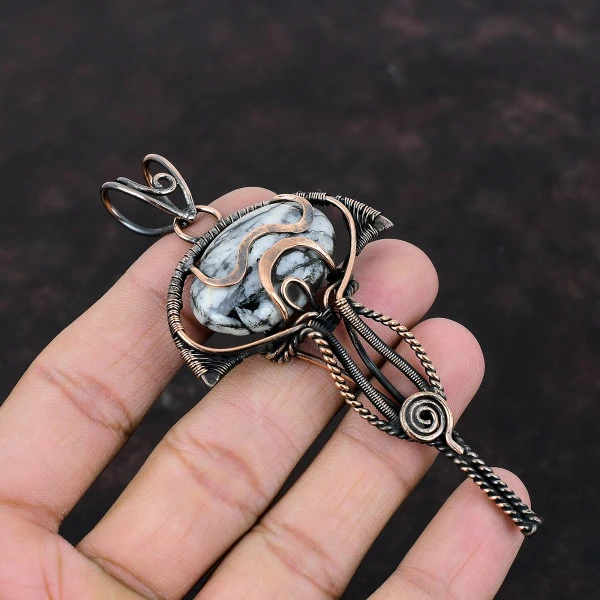 Pinolith Jasper Oval Black Handmade Copper Wire Wrapped Pendant