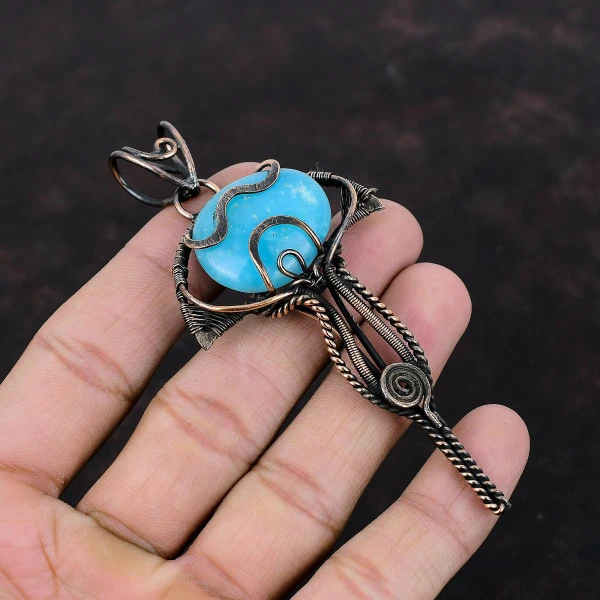 Smithsonite Oval Blue Handmade Copper Wire Wrapped Pendant