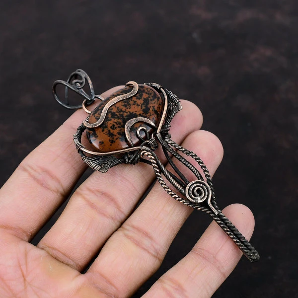 Mahogany Obsidian Oval Brown Handmade Copper Wire Wrapped Pendant
