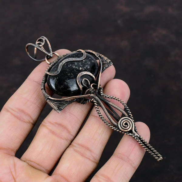 Nuummite Oval Black Handmade Copper Wire Wrapped Pendant