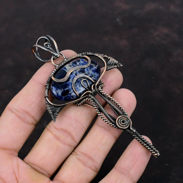 Sodalite Oval Blue Handmade Copper Wire Wrapped Pendant