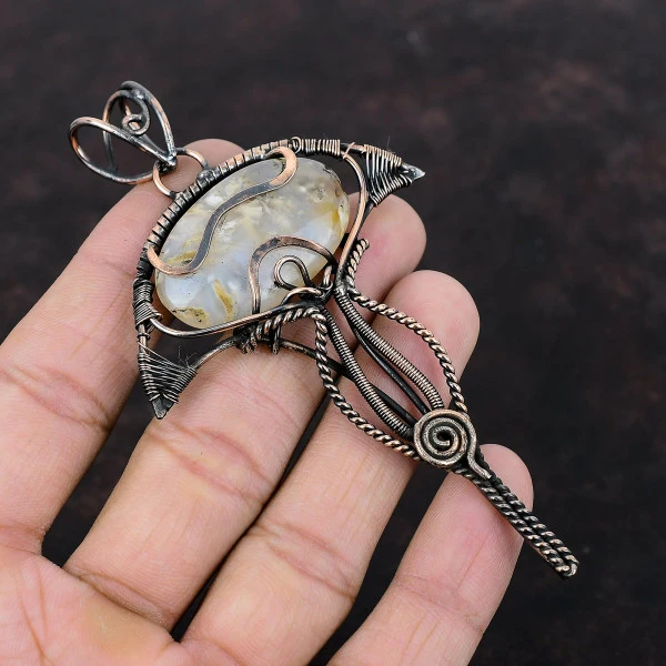 Handmade Plume Agate Copper Wire Wrapped Pendant