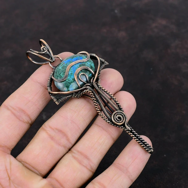 Chrysocolla Oval Green Handmade Copper Wire Wrapped Pendant
